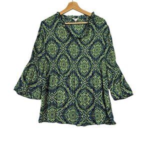 Chloe+Rene Womens Floral Blouse Top Size Small Multicolor Bell Sleeves Pleated